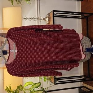 Paisley Grace top, rounded neck, 3/4 sleeves, color-burgundy w/ pink polka dot